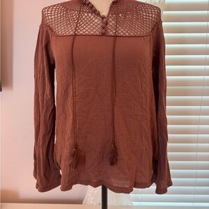 Free People Mauve Crochet Yoke Long Sleeve Tee
